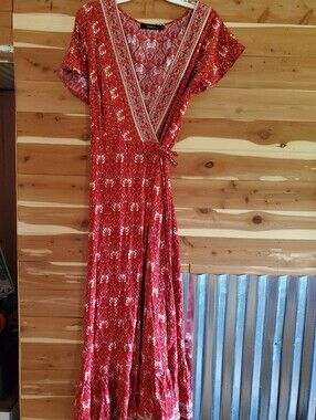 Red Floral Wrap Maxi Dress with Side Tie